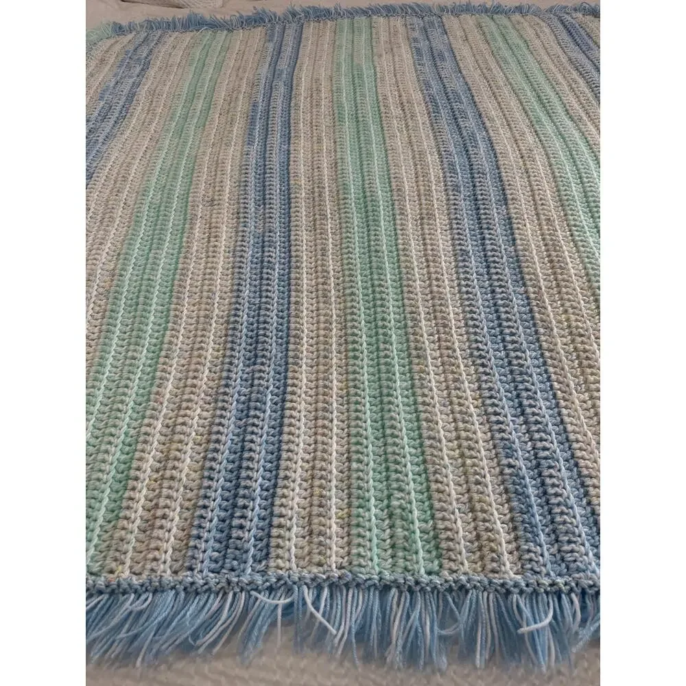 HANDMADE Crochet Afghan Throw Blanket 57x57 Pastel Blue Mint Fringed Cottagecore